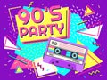 Retro party poster. Nineties music, vintage tape cassette banner and 90s style vector background illustration Royalty Free Stock Photo