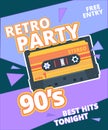 Retro party poster. 90s label with stereo audio cassette music background vector placard