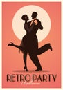 Retro Party Poster. Silhouettes of couple wearing clothes in the style of the twenties dancing Charleston Royalty Free Stock Photo