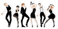 Retro party set, men and women dressed in 1920s style dancing, flapper girls, handsome guys in vintage suits, twenties, vector