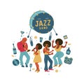 Retro party. Vector poster. Retro style illustration. Music and dance in retro style. Jazz musicians and dancers. Royalty Free Stock Photo