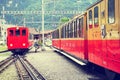 Retro passenger trains stan after arrival from Schynige Platte.