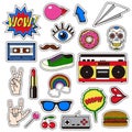 Retro patch badges set. Collection of cartoon icons, stickers and stripes in vintage comic style.