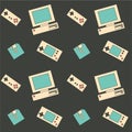 Retro pattern with computer, console, floppy disk and gamepad