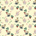 Retro pattern depicting a teapot, a mug of tea or coffee, strawberry and bee with a flower. Seamless pattern polka dot tiny little