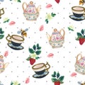 Retro pattern depicting a teapot, a mug of tea or coffee, strawberry and bee with a flower. Seamless pattern polka dot tiny little