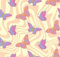 Retro Pattern Hippie Groovy Butterfly on Yellow Abstract Wave Background. Seamless Blue Butterfly