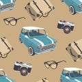 Retro pattern with small car, camera, sunglasses, suitcase