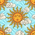 Retro pattern with sun with face, clouds Royalty Free Stock Photo