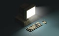 Retro pc with monitor shining in the dark. isometric view. 3d rendering
