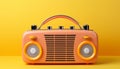 Retro peach-colored radio with chrome details on yellow background. World Radio Day