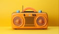 Retro peach-colored radio with chrome details on yellow background. World Radio Day