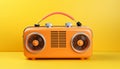 Retro peach-colored radio with chrome details on yellow background. World Radio Day