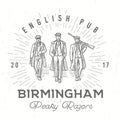 Retro peaky logo. Men in hats with blinders illustration. Gangsters vintage poster. English pub insignia. Birmingham