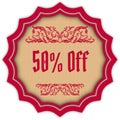 Retro 50 PERCENT OFF magenta badge.