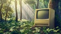 Retro personal computer in a forest, outdated electronics concept Royalty Free Stock Photo