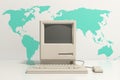 Retro Personal Computer. The System Unit, Monitor, Keyboard and Mouse in front of World Map. 3d Rendering Royalty Free Stock Photo