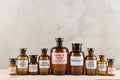 Retro pharmacy - vintage pharmacy bottles on wooden board Royalty Free Stock Photo