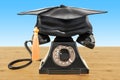 Retro phone with graduation cap on the wooden table, 3D rendering