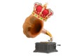 Retro phonograph, vintage gramophone with golden crown. 3D rendering