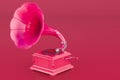 Retro phonograph, vintage gramophone in trending viva magenta colors, 3D rendering