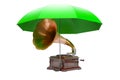 Retro phonograph, vintage gramophone under umbrella, 3D rendering