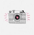 Retro photo camera with grunge background. Vector illustration.