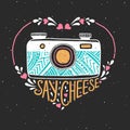 Retro photo camera. Hand drawn typography poster. Say cheese. Can be used as a greeting card, bags or t-shirt. Vector illustration Royalty Free Stock Photo