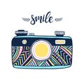 Retro photo camera. Hand drawn typography poster. Smile.