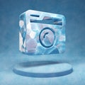 Retro Photo Camera icon. Cracked blue Ice Retro Photo Camera symbol on blue snow podium