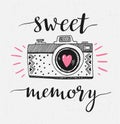 Retro photo camera with stylish lettering - Sweet memory. Vector hand drawn illustration.