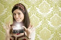 Retro photo camera woman green sixties wallpaper