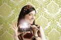 Retro photo camera woman green sixties wallpaper