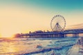 RETRO PHOTO FILTER EFFECT: Blackpool Central Pier at Sunset with Ferris Wheel, Lancashire, England UK Royalty Free Stock Photo