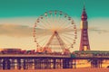 Retro Photo Filter Effect Blackpool Tower and Central Pier Ferris Wheel, Lancashire, UK