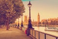 Retro Photo Filter Effect - Street Lamp on South Bank of River Thames with Big Ben and Palace of Westminster in Background, London Royalty Free Stock Photo