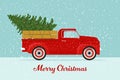 Retro pickup truck with a Christmas tree. Vector illustration in vintage style Royalty Free Stock Photo