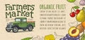 Retro pickup truck, fruits, vegetables engraving. Handwriting lettering Farmers market