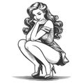 Retro Pin-Up Girl in Playful Pose engraving vector