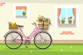 Retro Pink Bicycle with House Wall