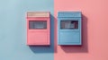 Retro pink and blue mailboxes on a blue and pink background