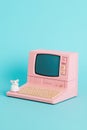 Retro Pink Computer with Mouse Figurine - A Blast from the Past Royalty Free Stock Photo