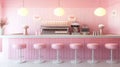 Retro Pink Diner. Interior View Of An All-Pink Retro Diner With Stools At The Counter Royalty Free Stock Photo