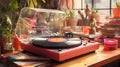 A retro pink vinyl record player stands on the desktop. Nostalgia trend