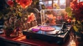 A retro pink vinyl record player stands on the desktop. Nostalgia trend