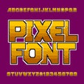 Retro pixel alphabet font. Bright digital gradient letters and numbers.