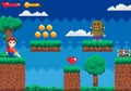 Retro Pixel Art Adventure Game Scene with Coins, Character, and Enemy on Platforms