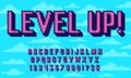 Retro pixel art 3D font. 8 bit typography alphabet, extruded letters and pixelated numbers old arcade game style vector