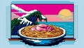 Retro pixel art illustration of a bowl of spaghetti with ice cream