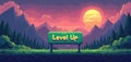 Retro pixel art landscape with level up button. Gaming background with sunset mountains trees, Level Up sign. Game design Royalty Free Stock Photo